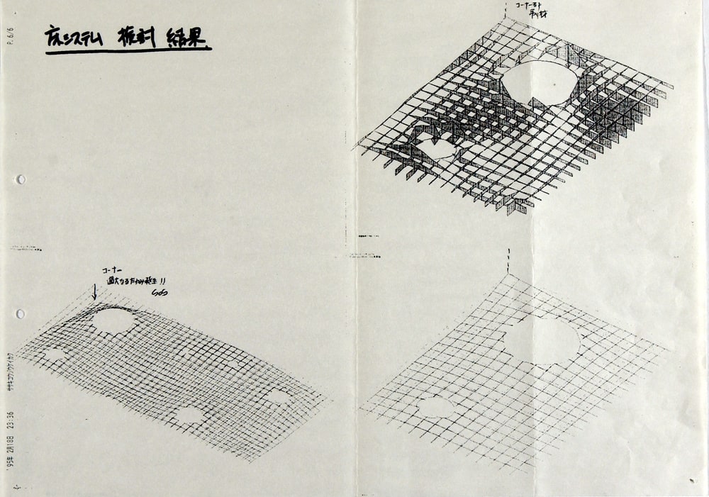 Echange par fax d'esquisses des éléments de la structure entre M. Mutsuro Sasaki et l'agence Toyo Ito