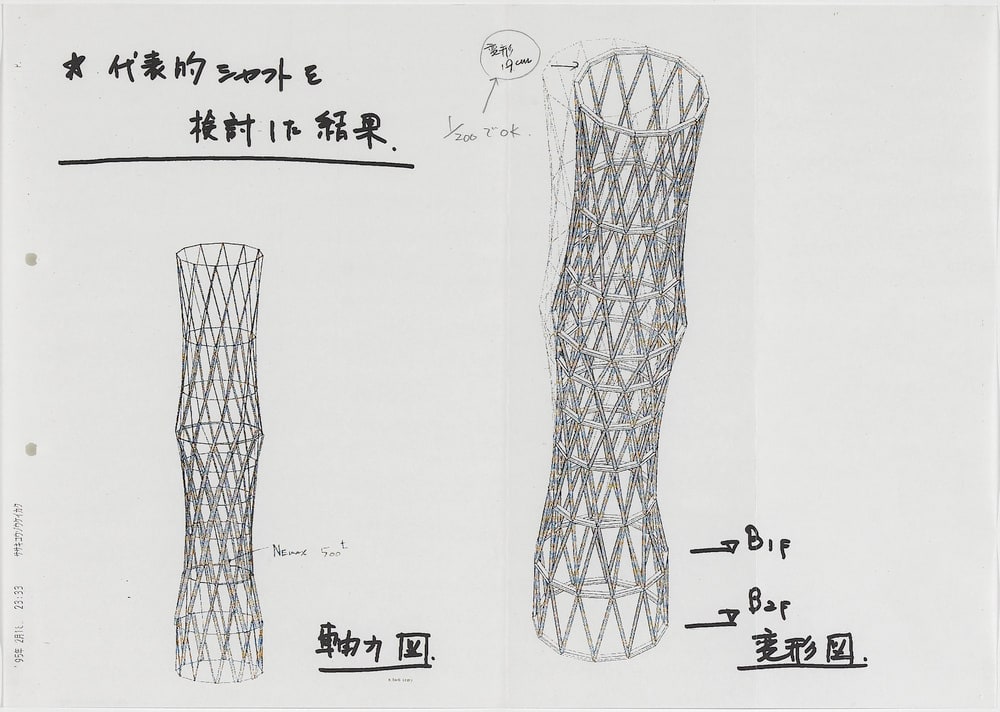 Echange par fax d'esquisses des éléments de la structure entre M. Mutsuro Sasaki et l'agence Toyo Ito