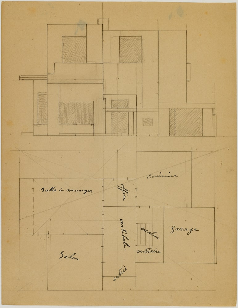Elévation de la façade principale et plan du Rez-de-chaussée