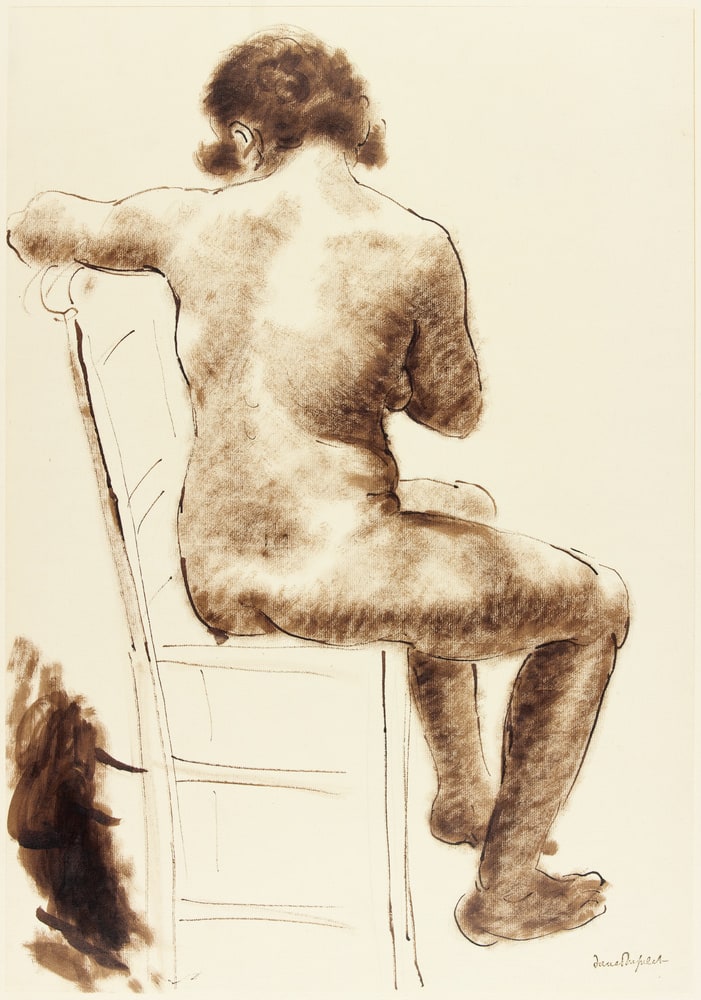 Nu assis de dos sur une chaise