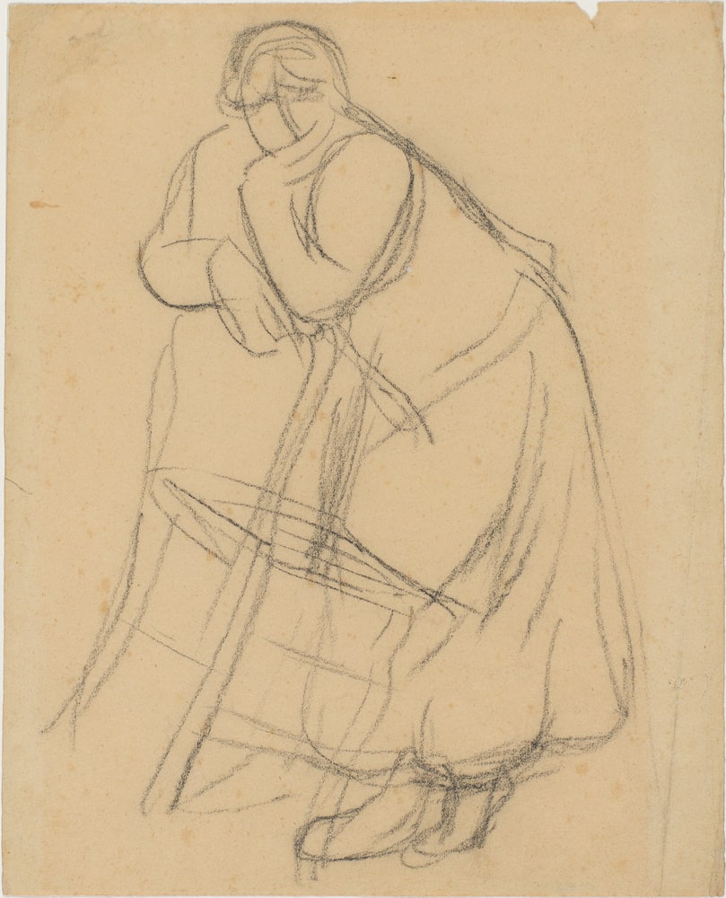 Femme accoudée à une chaise