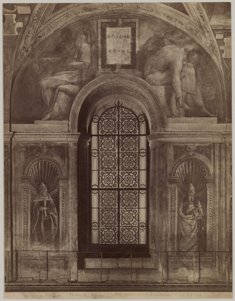 Détails des niches avec les Saints Anicet et Eleuthère et de la lunette avec les ancêtres de Jésus, Roboam et Abia, paroi sud de la Chapelle Sixtine, Vatican, Rome