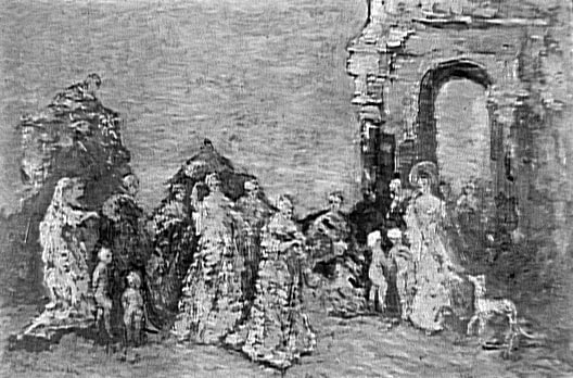 Femmes et enfants dans un paysage d'arbres et d'architecture