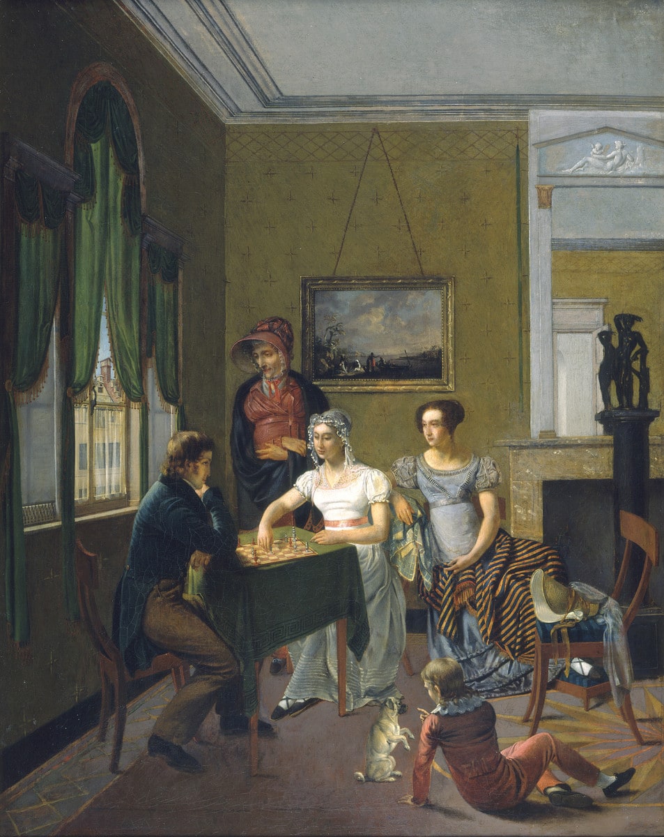 Familienbild im Zimmer, beim Schachspiel