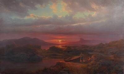 Landschaft mit Fischern im Abendrot