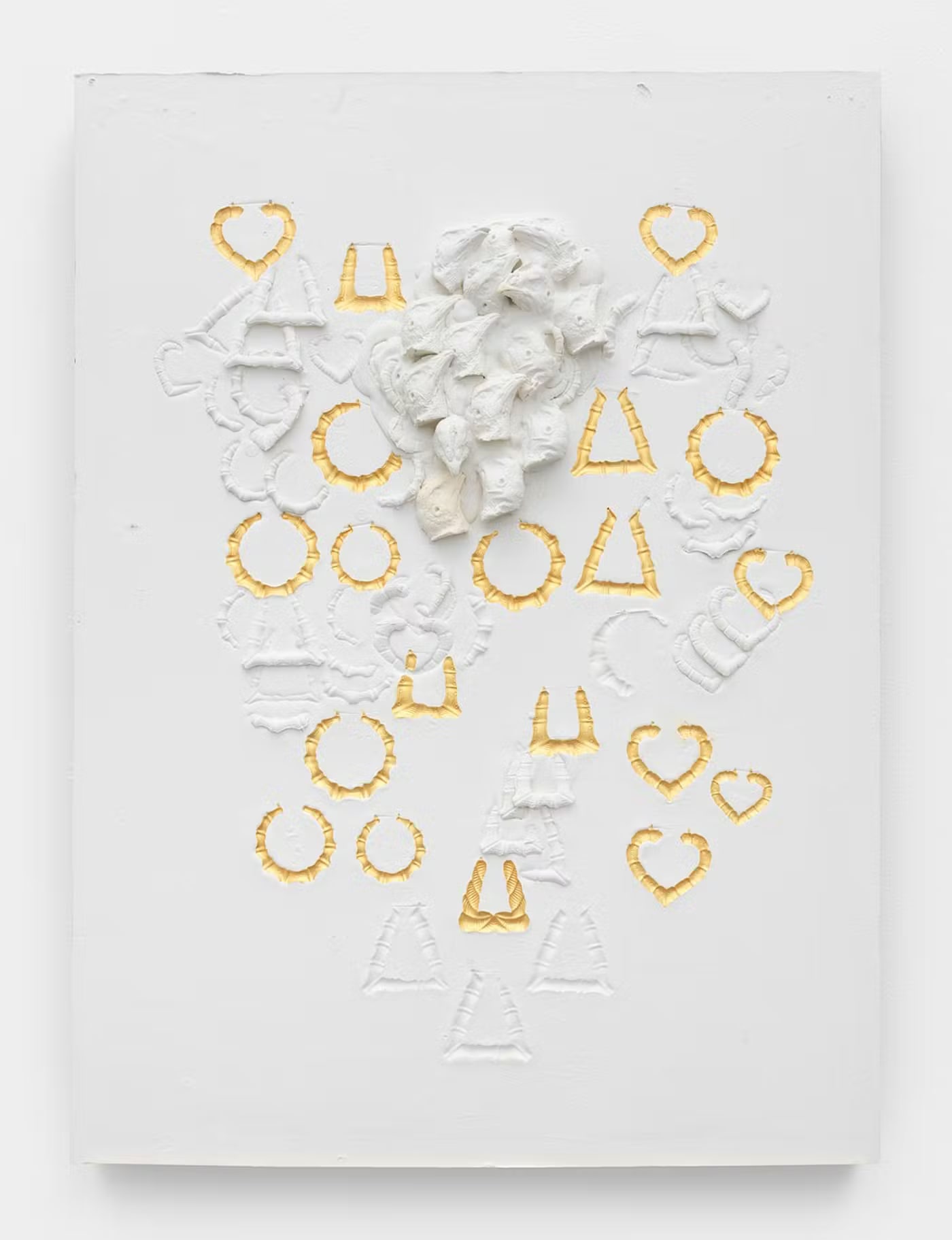 Large Composition with Round Earrings, Heart Earrings, Bamboo Earrings and Chickenheads with Twenty Gold Impressions