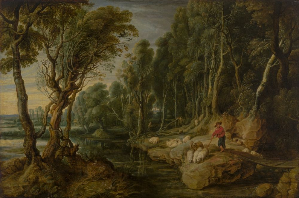 Waldlandschaft mit Schafherde und Hirt
