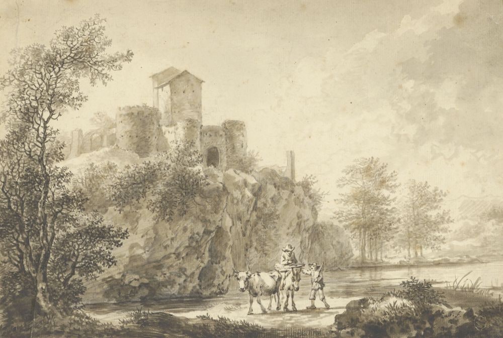 Landschaft mit Burg und Wasserlauf