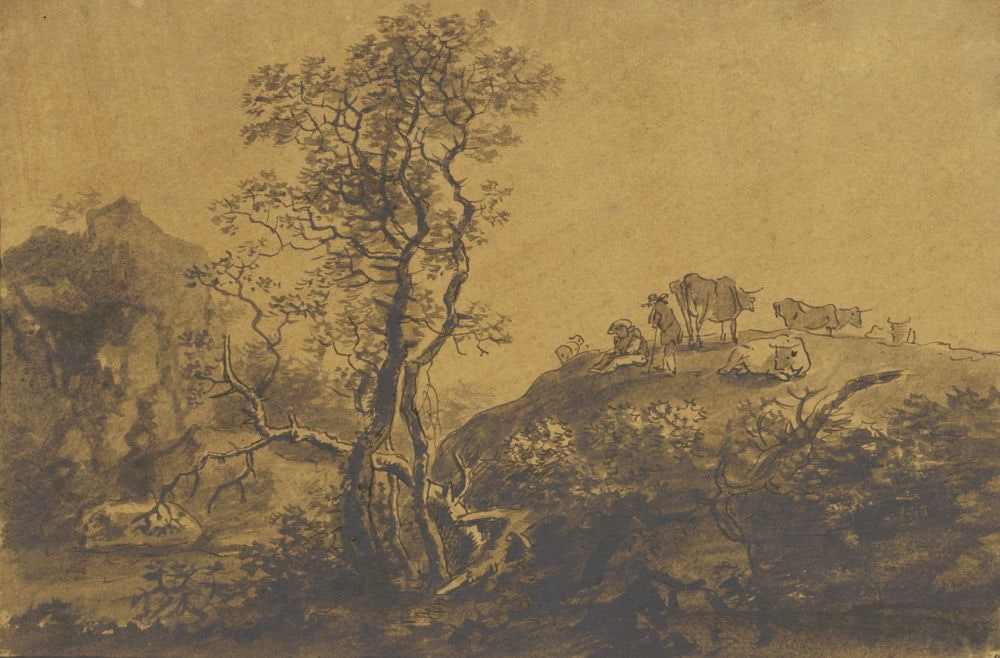 Bergige Landschaft mit Wasserlauf und Kühen