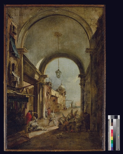 Veduta con architetture e gruppo di pulcinella
