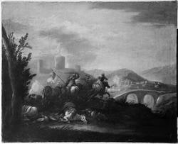 Scena di battaglia con cavalieri presso un ponte