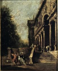 Dame e gentiluomini all'ingresso di una villa