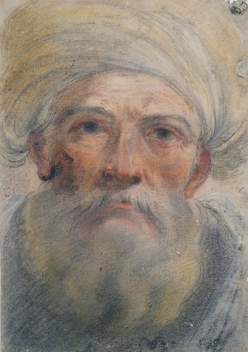 Testa d'uomo barbuto con turbante