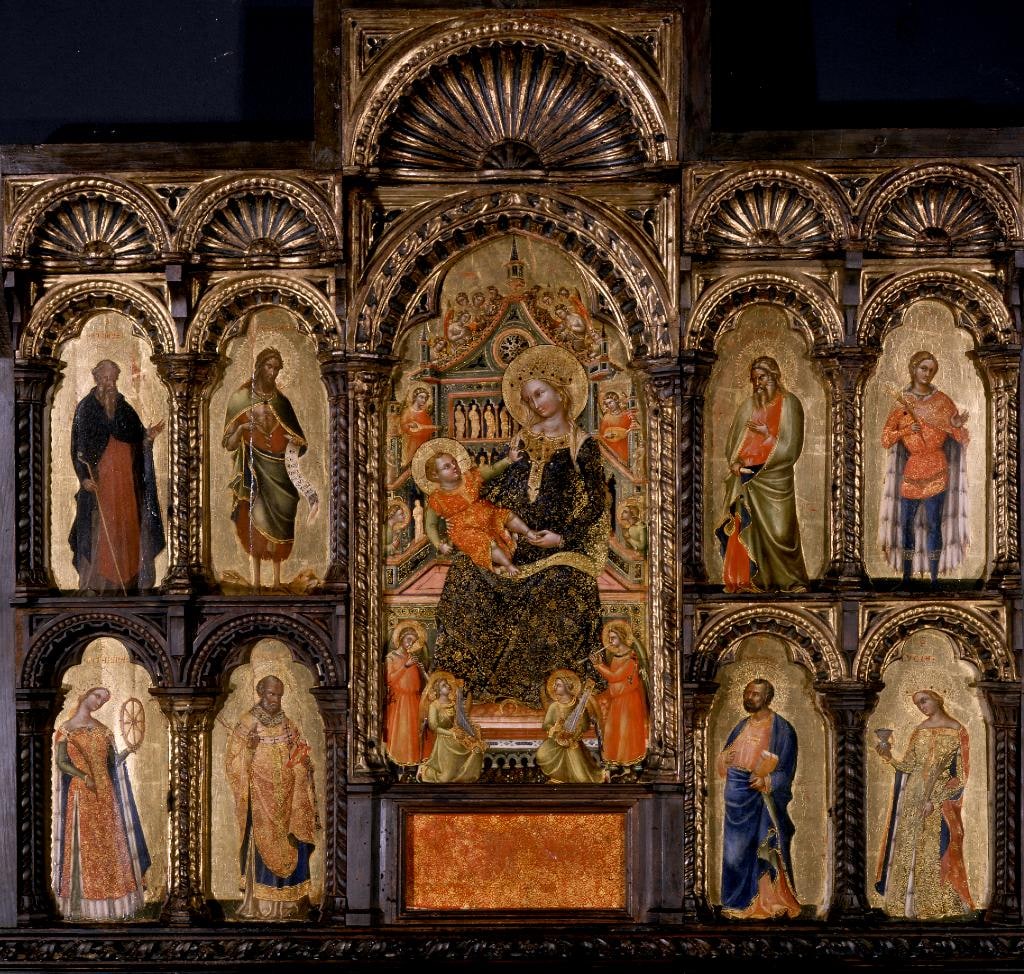 Madonna in trono con il Bambino e i santi Antonio Abate, Giovanni Battista, Andrea, Vittore, Caterina d'Alessandria, Nicola, Marco e Lucia