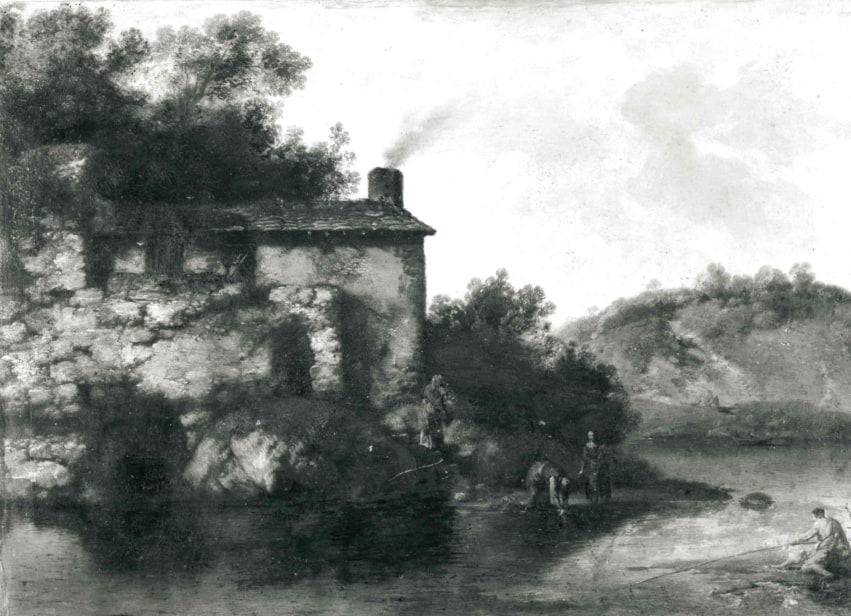 Paesaggio con casa in riva a un fiume