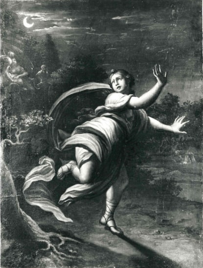 Donna fuggente in un bosco
