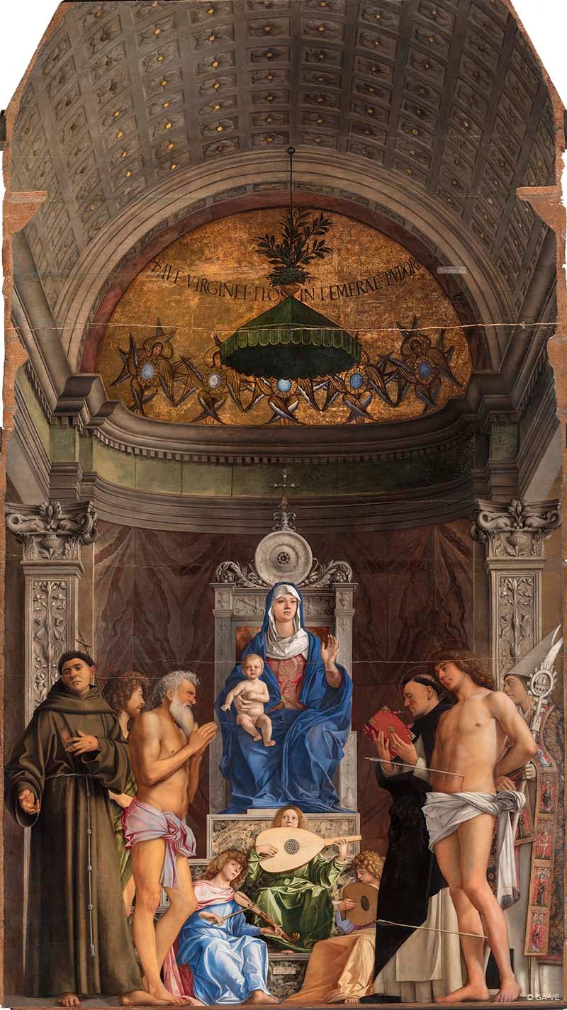 Madonna and Child Enthroned with Angels Playing Music and Saints Francis, John the Baptist, Job, Dominic, Sebastian, and Louis of Toulouse (San Giobbe Altarpiece)