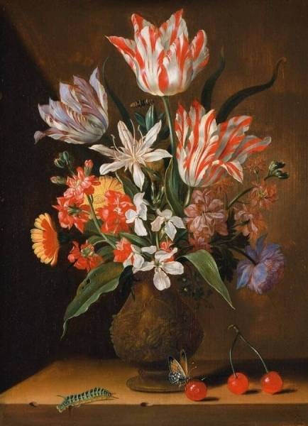 Flower Still Life with Cherries and a Caterpillar