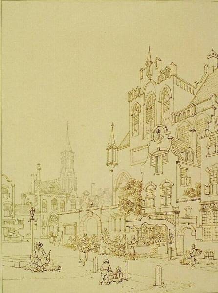 View of a City Square with a Tall Tower in the Background