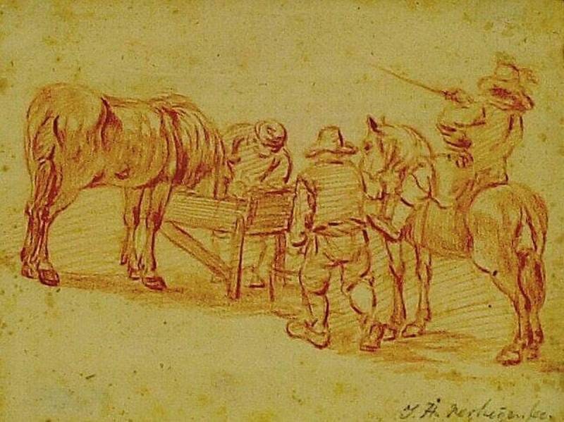 Rider on Horseback and Two Farmers with a Horse near a Trough