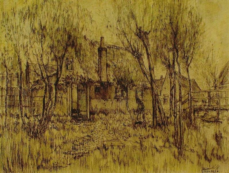 Houses and Trees near a Ditch, over Which a Small Bridge