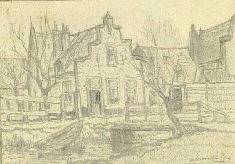 Cottages behind a Ditch over Which a Small Bridge