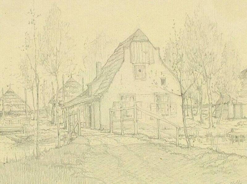Cottage with Haystacks behind a Ditch, over Which a Small Bridge