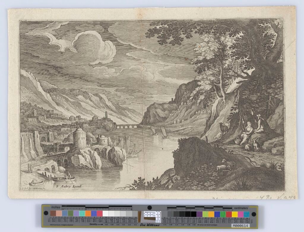 Ruined city at left on the bank of a broad river, shepherd and shepherdess with distaff at right