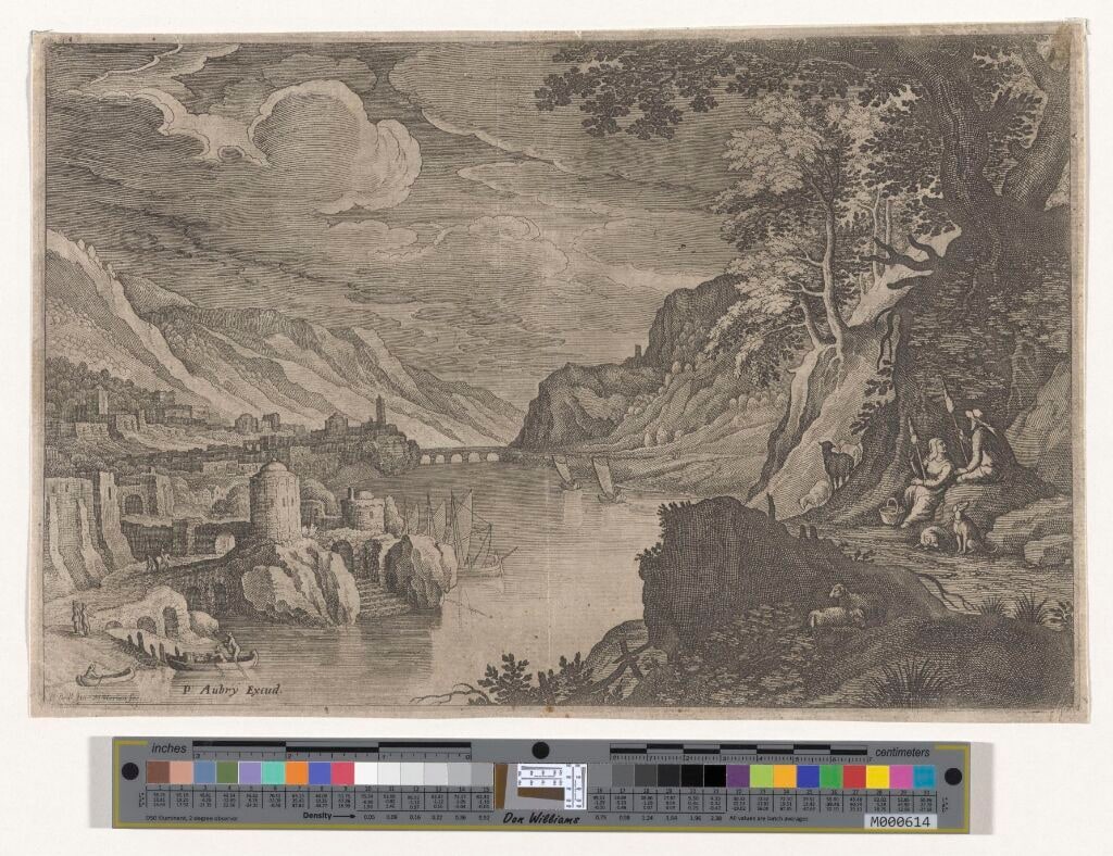 Ruined city at left on the bank of a broad river, shepherd and shepherdess with distaff at right
