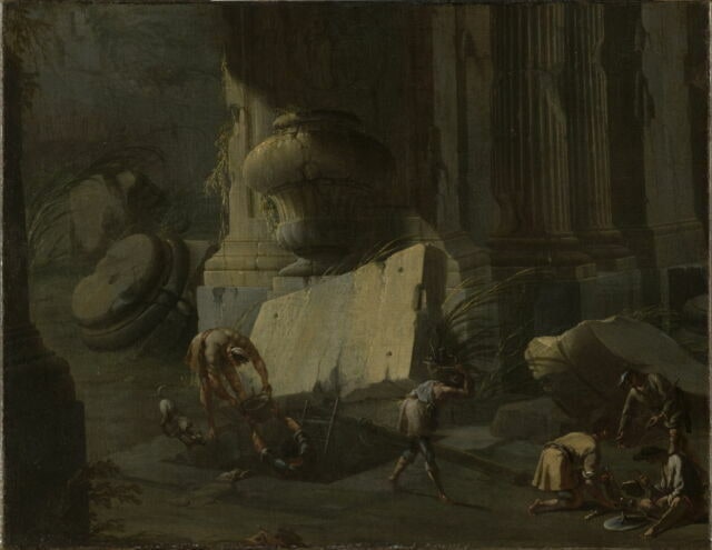 Scène nocturne dans des ruines