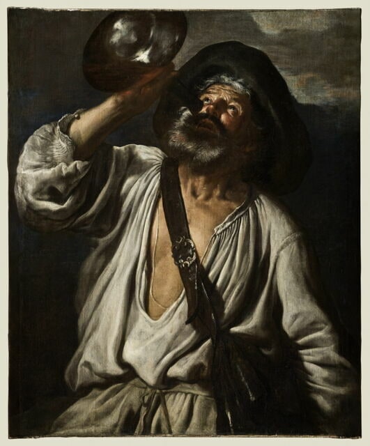 Paysan buvant à une bouteille