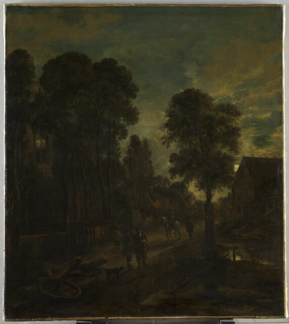 Village traversé par une route. Effet de clair de lune