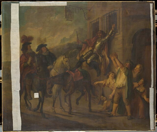 Don Quichotte attaché à une fenêtre par la malice de Maritorne (Cervantes, Don Quichotte).