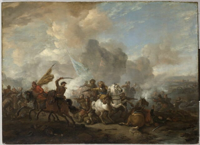 Combat de cavaliers et de fantassins entre Orientaux et Impériaux