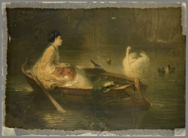 Femme en barque sur un lac