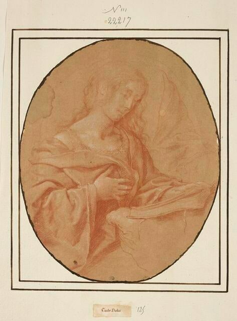 Demi-figure de femme assise, retenant une draperie, lisant ; détail de la manche gauche, en haut à droite