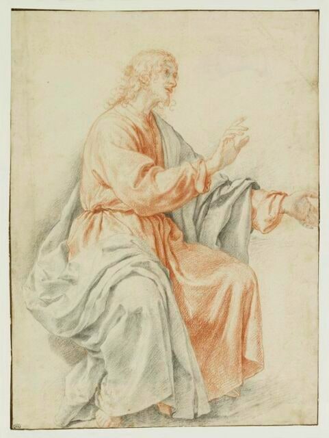 Homme drapé, assis, de profil vers la droite, prêchant