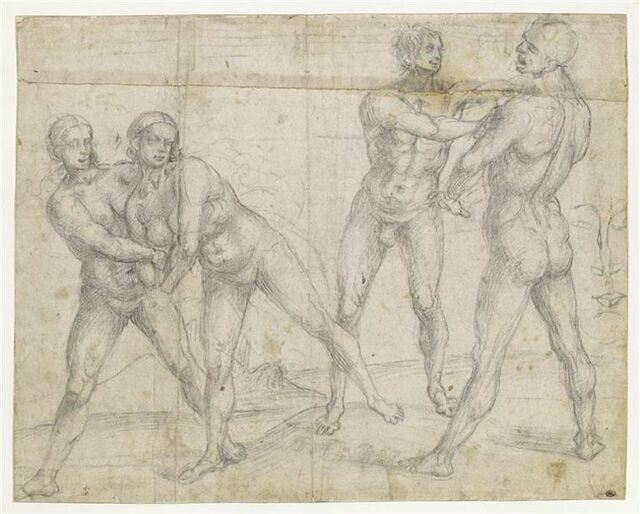Deux hommes nus luttant, et deux femmes nues luttant