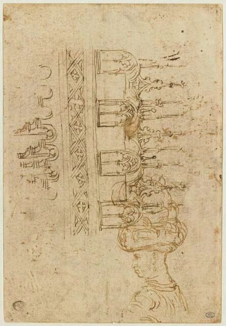 Loggia en encorbellement, couronnée de pinacles et de gâbles ; projection du plan d'une voûte ; portrait de Niccolo III d'Este