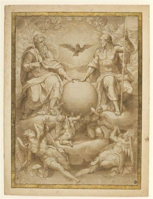 La Sainte Trinité dans les nuées parmi les anges, autour du globe