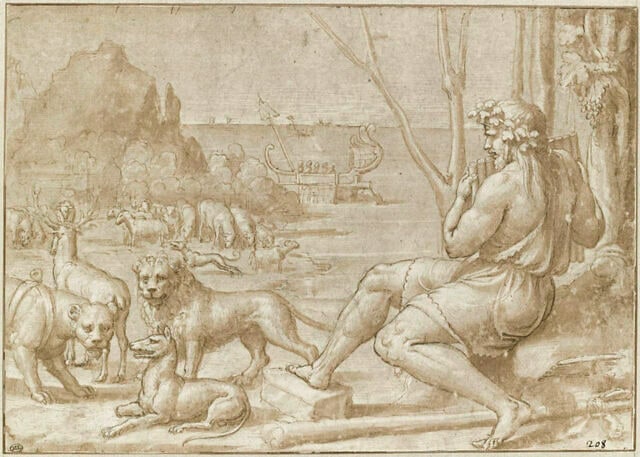 Polyphème assis charmant les animaux