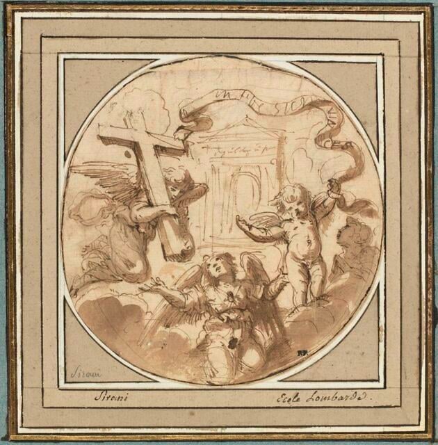 Sur des nuages, ange portant la croix et deux autres anges