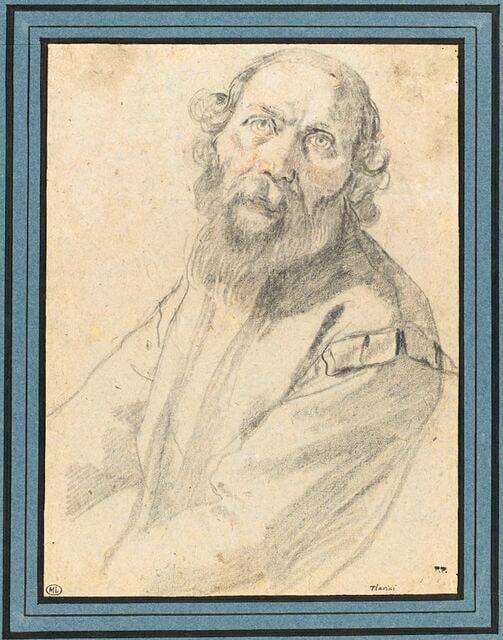 Demi-figure d'homme portant barbe et moustache, de trois quarts