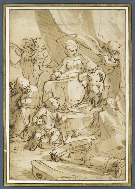Sainte Famille avec sainte Catherine d'Alexandrie et le petit saint Jean Baptiste entourés d'anges
