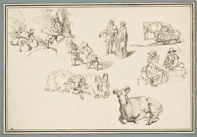 Etudes de béliers, de vaches, et de personnages