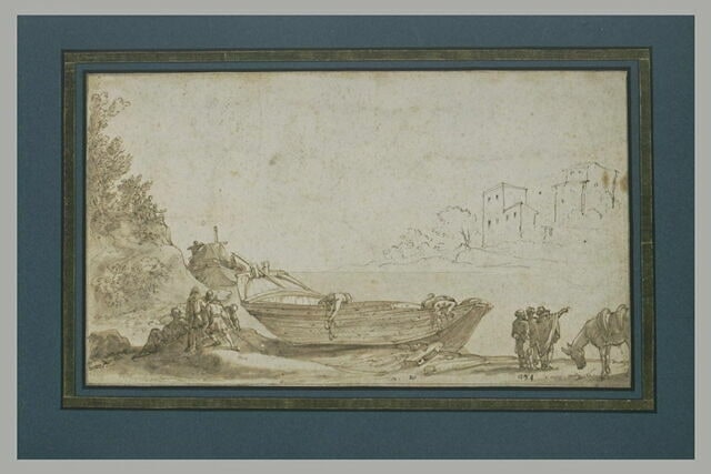 Hommes réparant une barque, au bord d'une rivière
