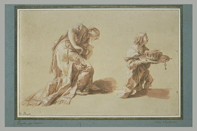 Femme et jeune homme à genoux : deux figures du Monument à Lord Dorset
