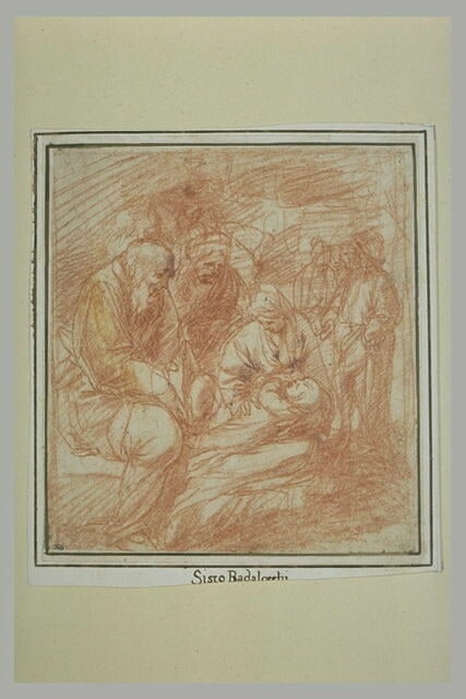 Sainte Famille avec une femme et un groupe de figures debout, au loin