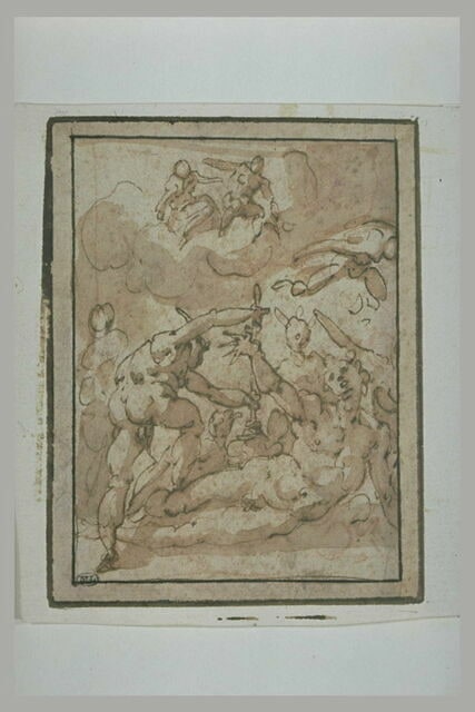 Plusieurs figures nues, dont une à terre, et d'autres sur les nuages : scène de meurtre (?)