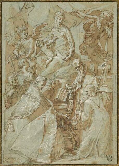 Vierge à l'Enfant Jésus, le pape Alexandre I, saint Benoit, sainte Justine et les anges